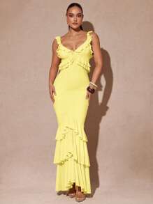 Silquee Romantic V-Neck Solid Color Dress For Spring/Summer, Suitable For Valentine's Day, Dates, Everyday Wear, And Spring Vacation, Yellow Maxi Dress Ruffle Maxi Dress Long Yellow Dress Yellow Ruffle Dress Yellow Wedding Guest Dress Tiered Ruffle Maxi Dress