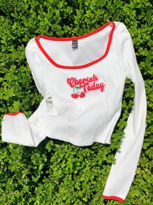 SHEIN Comfortcana 女士休闲樱桃水果印花长袖修身T恤 - 白色 - 查看 5