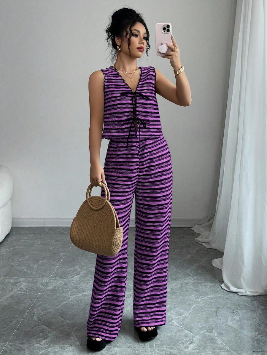 Elenzga Setelan 2 Potong Wanita: Atasan Cami Bergaris dengan Tali Depan dan Celana Panjang, Musim Panas - Purple - View 1