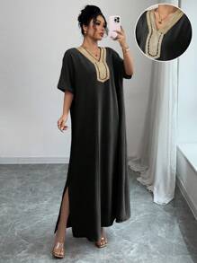 Chiquease 纯色纹理V领针织花卉开衩宽松女式短袖连衣裙 - 黑色 - 查看 3