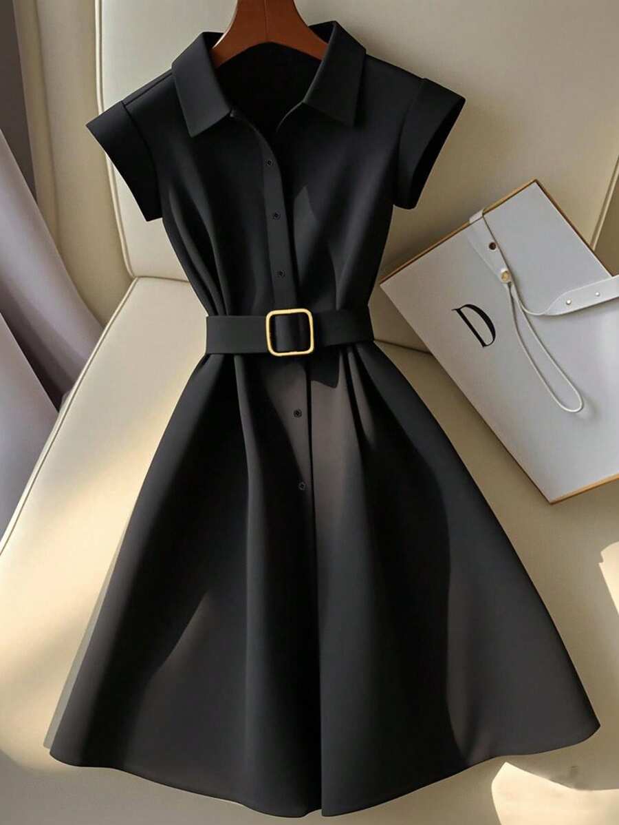 Franclia Đầm midi đi làm thường ngày màu trơn cho nữ - màu đen - Xem 1