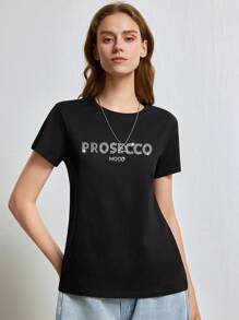 INAWLY Women Cotton Letter Rhinestone Decor Round Neck Short Sleeve Casual T-Shirt, Summer - Black - View 5