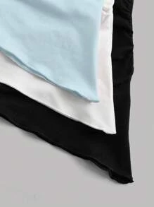 Girlism 少女三件套黑白蓝针织露脐抹胸上衣，腰部褶皱不对称下摆，百搭街头风运动抹胸上衣，女士无肩带上衣三件装夏季上衣 - 淺藍色 - 查看 3