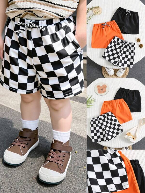 3pcs/Set Young Boys' Casual Classic Comfortable Versatile Cute & Soft Solid Black, Orange, And Checkerboard Shorts, Suitable For Holiday, Daily Wear, School, Travel, Sports, Spring/Summer/Autumn
