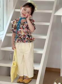 DAZY 2pcs/Set Young Girl Floral Print Puff Sleeve Top With Ruffle Hem And Pants,Girls Summer Outfits