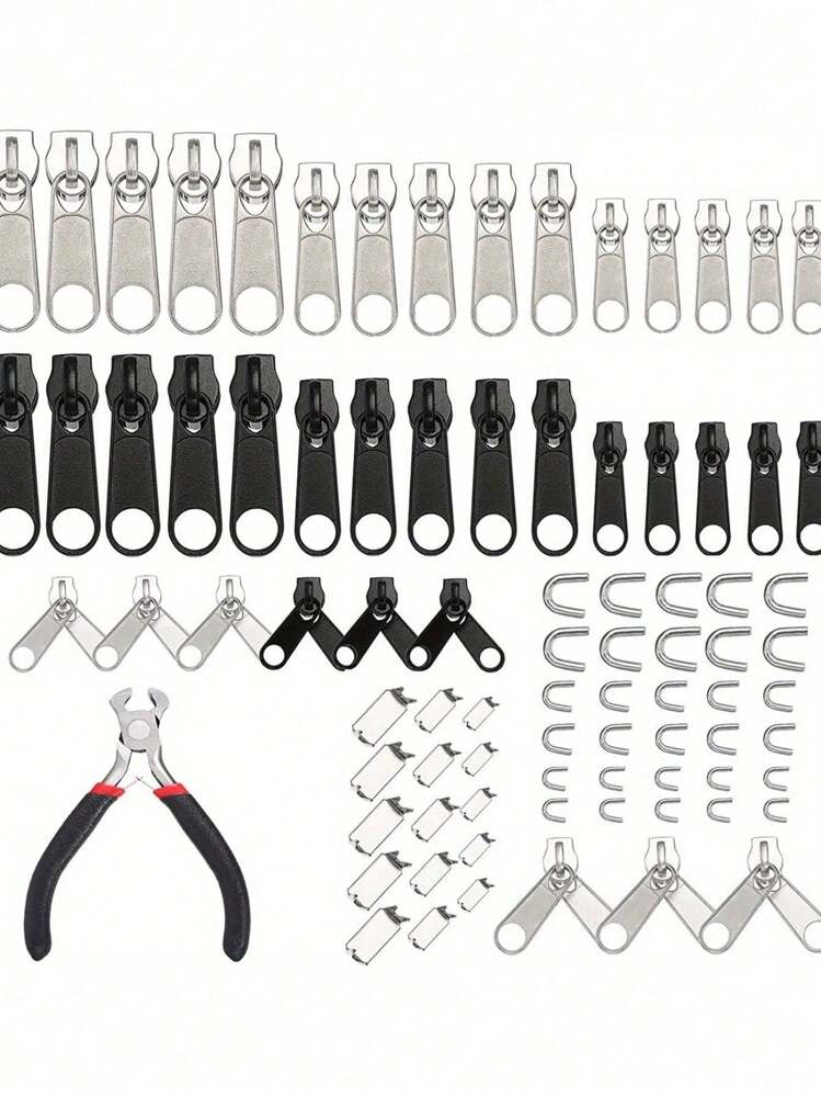 Kit de Reparo de Zíper de Nylon: Cursor de Zíper, Trava Inferior de Zíper - Conserto de Zíper Duplo, Zíper de Nylon para Jaqueta, Mala, Denim, Calça, Barraca, com Ferramenta de Zíper, Decoração de Roupas DIY, Fita de Juta, Corda, Barbante DIY para Casamento, Artesanato, Decoração de Festa - Preto - Visão 1