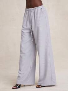 NYA SZN 下摆条纹裤带松紧腰带侧系带褶皱亚麻海滩度假办公室工作服特殊场合街头装优雅棕色女士服装