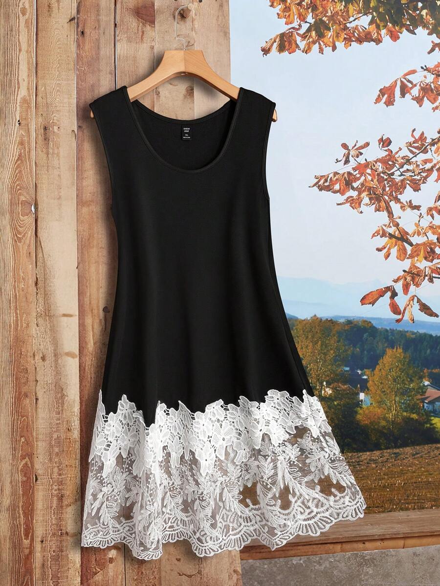 Linhara 优雅通勤休闲女士时尚蕾丝边圆领无袖中长连衣裙设计，蕾丝下摆拼接，黑白色，加大码，适合春夏秋季 - 黑與白 - 查看 1