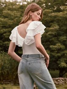 Lumivelle GuavaGirl SummerHoliday  Women's Casual Romantic All White Ruffle Trim Solid Color Women Bodysuits Romantic - White - View 4