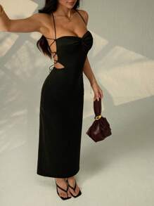 SHEIN PETITE 女士侧开衩扭腰吊带连衣裙，修身设计，茶会连衣裙，女士夏季连衣裙，狂欢节服装 - 黑色 - 查看 7