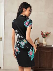 EastFlair 1件套女士立领短袖修身复古迷你旗袍连衣裙