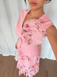 Elenzga Top elegante e romantico da donna con vita raccolta e decorazione floreale 3D, set di due pezzi con stampa floreale in rete, arricciato