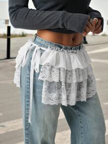 SHEIN ICON Women's Floral Lace Ruffle Trim Side Tie Hem A-Line Skirt - White - View 1