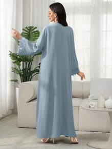 SHEIN Najma Váy hoa trang trí đính cườm tay loe cổ chữ V thanh lịch, phong cách Ả Rập, xuân/hè - Màu xanh bụi bặm - Xem 2