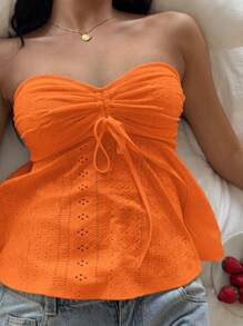 SHEIN EZwear Áo ống dệt kim mùa hè màu cam san hô - Màu Cam cháy - Xem 5