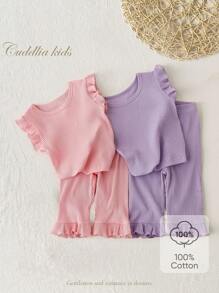 2 Pieces Baby Girls' Ribbed Ruffle Trim Wing Sleeve Top And Ruffle Hem Cropped Pants Set, Light Pink And Light Purple - Multicolor - View 1