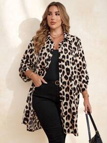 Chikora Plus Size Leopard Print Button Front Long Blouse For Women, Autumn Button Up Women Shirt - Multicolor - View 5