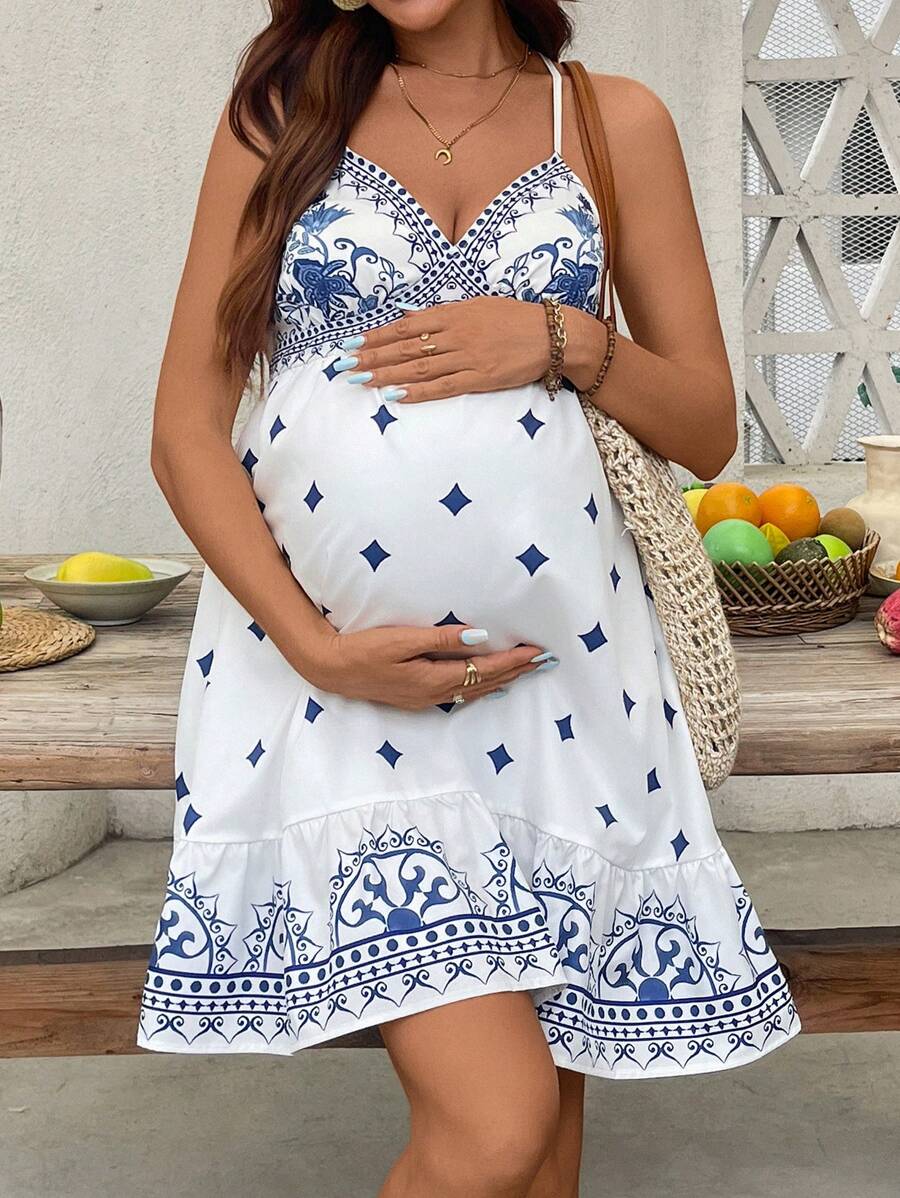 SHEIN Geometric & Blumen Muster Rüschen Saum ärmelloses Umstandskleid für den Urlaub - Blau-Weiß - Übersicht 1