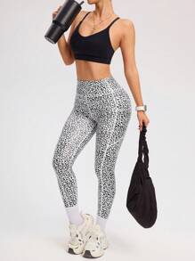SHEIN Sport Studio Pantalones de yoga con estampado de leopardo y cintura alta con bolsillos, mallas compresión adelgazantes para fitness al aire libre, a prueba de sentadillas, control de abdomen, elevación de glúteos, favorecedor
