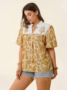 SHEIN LUNE 大码女式夏季蓝白条纹拼接花卉印花蕾丝领衬衫，适合夏季度假、海滩度假、奶油黄校服 - 彩色 - 查看 5