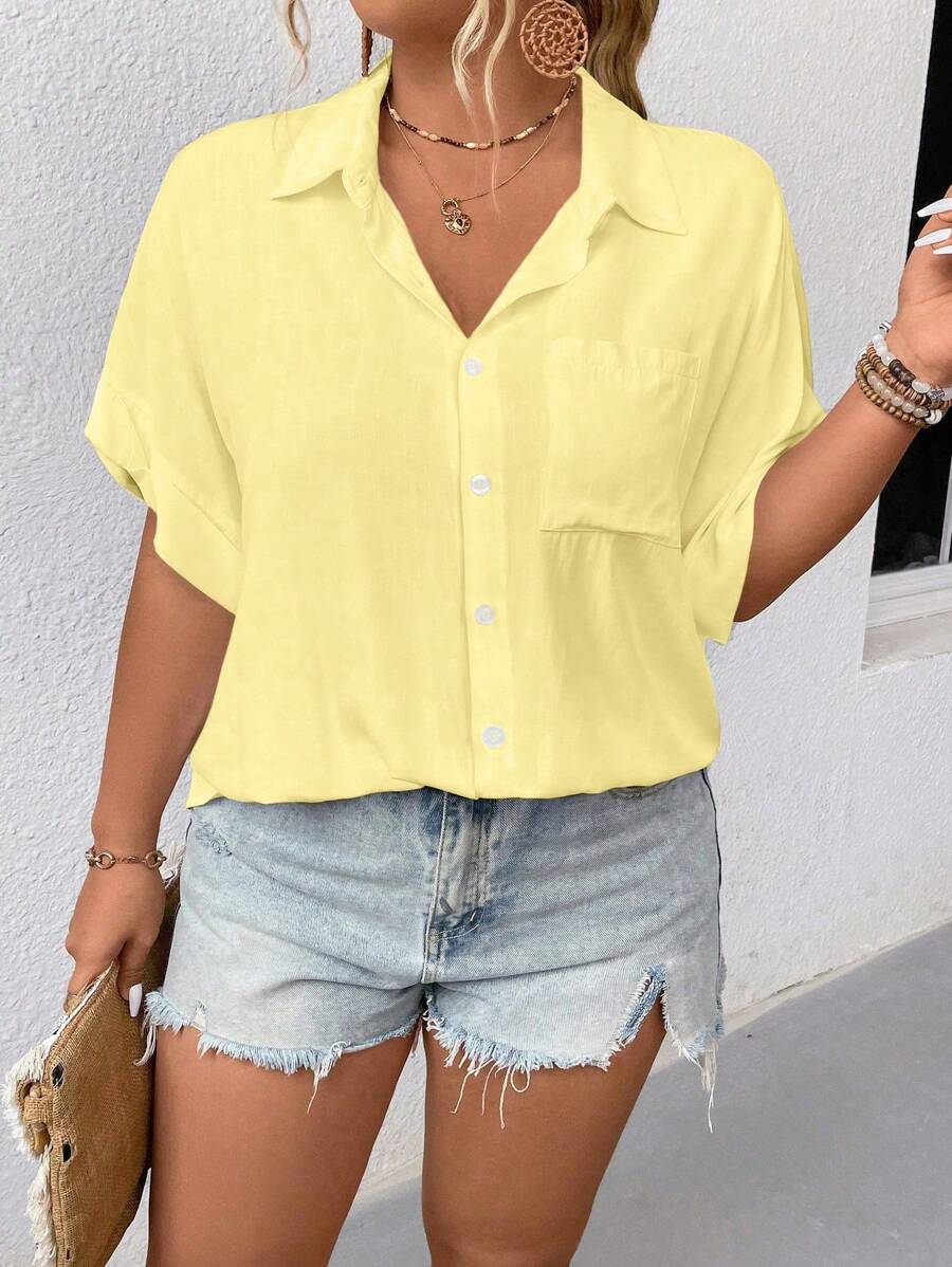 Elenzga 加大码纯色前扣口袋休闲衬衫，适合夏季 - 黃色 - 查看 1