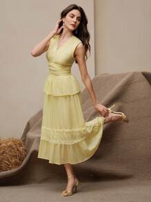 Anewsta Vestido ajustado de mujer sin mangas con adorno de encaje en la cintura