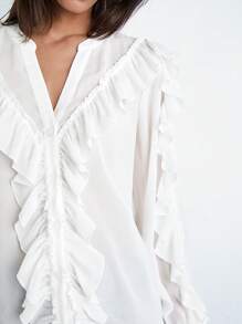 Maija 2025 Blusa Elegante com Decote em V, Manga Longa e Babado para Mulheres, Adequada para Férias de Primavera/Verão, Mês do Orgulho, Design Elogioso e Versátil, Confortável de Usar. Verão Branco para Mulheres, Férias na Praia, Aniversário, Professores, Férias de Verão, Verão Europeu, Praias para Mulheres, Férias na Praia - Branco - Visão 9
