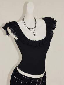 SHEIN ICON Damen Schwarzes vintage Rüschen Polka Punkt Mesh V-Ausschnitt Basic Lässig Trägerhemd - Schwarz - Übersicht 8