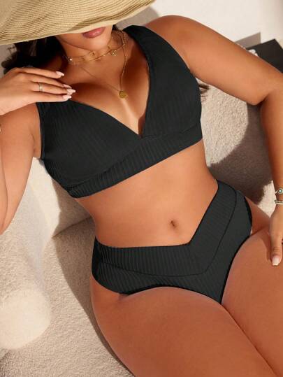 Swim Lushoire 加大码简约纯色纹理面料沙滩泳装套装