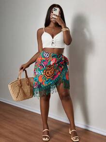 SHEIN PETITE CURVE Plus Size Women Holiday Paisley Print Patchwork Fringed Hem Wrap Around Skirt For Summer, Summer Outfits For Women, Beach Vacation Outfits, Suitable For People Of Shorter Stature - Multicolor - View 5