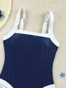 Swim Vcay Traje de baño de una pieza elegante y ajustado con corte de color en contraste azul marino y blanco, con tirantes anchos ajustables para mujer, Primavera/Verano 2026 - Multicolor - Ver 5