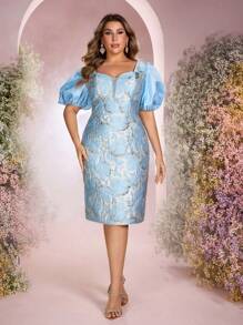 SHEIN Belle 加大码优雅浪漫海军蓝深 V 心形领缎面提花拼布泡泡袖婚纱，适合派对穿着 - 藍色 - 查看 4