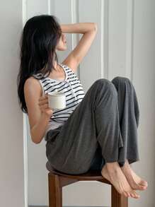 DAZY 条纹背心和纯色直筒裤女式睡衣套装 - 白色 - 查看 3