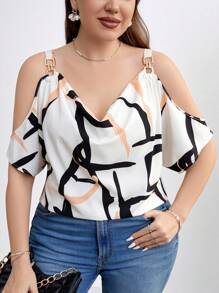 SHEIN Clasi Plus Size Women's Printed Cold Shoulder Top With Chain Decoration For Summer