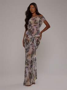 MUSERA Asymmetrical Neck Short Sleeve Print Chiffon Fitted Maxi Cover Up Beach Dress Swim Vacation Spring Summer Elegant Sexy