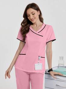 TaskEZ Áo đồng phục phẫu thuật tay ngắn cổ chữ V có túi cho nữ - Màu Hồng  San hô - Xem 3