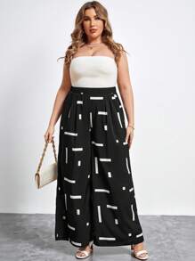 SHEIN Clasi Plus Size Vacation Leisure Wide Leg Plant Boho Printed Pants - Black and White - View 5