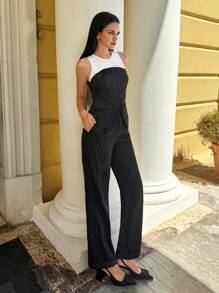 Maija 2025 Muttertags Moderne Stadt Frauen Ärmellose Schwarz & Weiß Kontrast 2-in-1 Rundhalsbluse, bequem für Frühling/Sommer Pendelverkehr, Vintage Stil