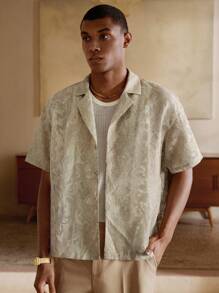 Mainfolk Men's Summer Elegant Burnout See-Through Casual Short Sleeve Shirt - Khaki - View 6