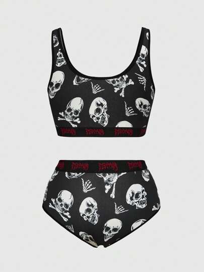 Goth Dark Gothic Skeleton Print Gothic Font Ribbon Camisole And Briefs 2 Pieces Underwear Set