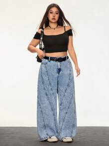 SHEIN ICON جينز واسع الساق بطراز الشارع الأزرق الفاتح المغسول غير المطاطي لحجم كبير للنساء - أزرق فاتح - مشاهدة 5