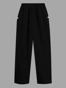 SHEIN PETITE 大码女式优雅法式褶皱常规版型白色裤子，带口袋，新款夏季休闲松紧腰褶皱长裤