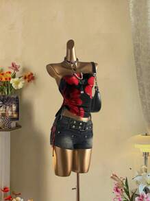 Attitoon Top halter con fruncido y lazo delantero, con estampado floral tropical rojo y negro