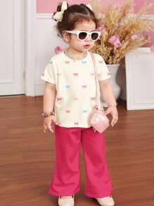 女婴休闲简约短袖圆领上衣和裤子套装，适合春夏季 - 彩色 - 查看 3