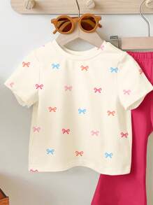 女婴休闲简约短袖圆领上衣和裤子套装，适合春夏季 - 彩色 - 查看 5