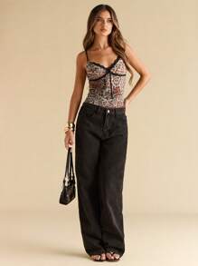 SHEIN BAE 夏季海滩度假蝴蝶结性感透视豹纹上衣，日常旅行约会上衣派对学校聚会节日生日晚会吊带背心 - 藍色 - 查看 3