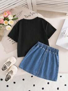 Girls Minimalist Black Short Sleeve T-Shirt & Denim Mini Skirt 2 Pieces Casual Set,3D Bow Decor Summer School Back-To-School Cowgirl Outfit - Multicolor - View 2