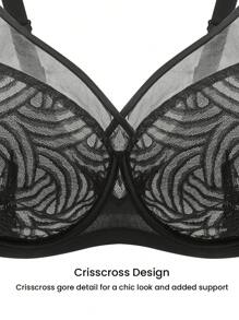 LUVLETTE Plus Black Lingerie Lounge Curve Sheer Full Coverage Support&Breathable Underwire Sexy Unlined Lace Elegance & Mesh Minimizer Bra - Black - View 8