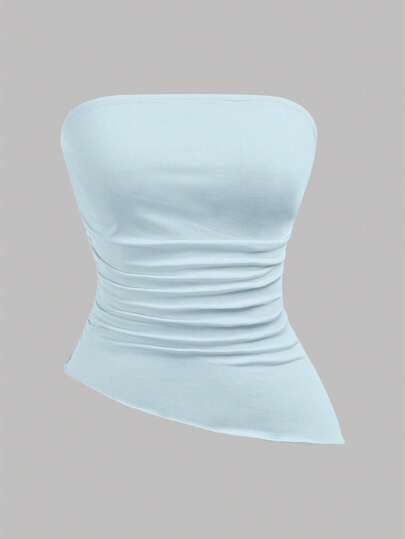 Girlism Bộ 3 món cho bé gái tuổi teen màu đen trắng xanh, áo ống croptop dệt kim có eo nhún bèo và gấu áo bất đối xứng, kiểu dáng đường phố đa năng, áo ống thể thao không dây dành cho nữ, bộ 3 áo mùa hè.