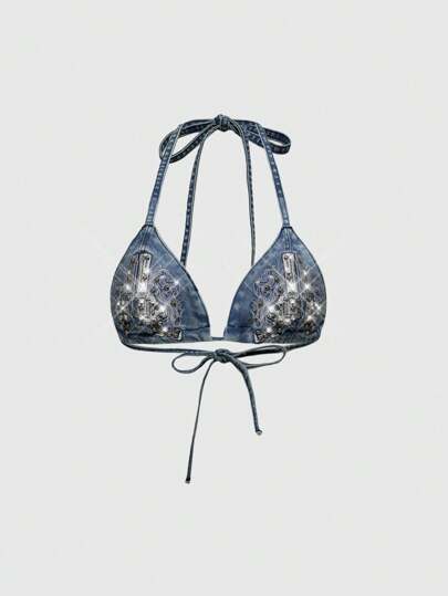 ROMWE Avant Vintage Y2K Punk Bibi Gun Embroidery Denim Women Tops